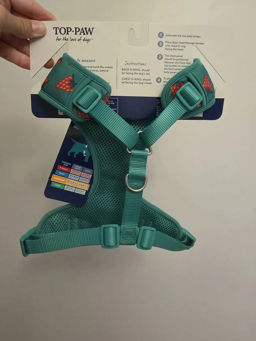Top Paw Teal Strawberry Print Adjustable Comfort Harness - Medium